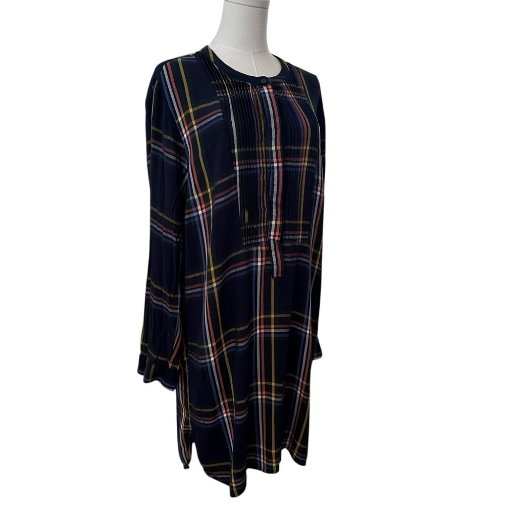 Women's XL Navy Blue Plaid Pleated Long Sleeve Preppy Midi Casual Soft Dress - Picture 5 of 6